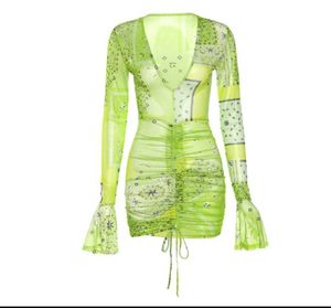 Retro Print Neon Dress Women's V-neck Long Sleeve Fashion Clothing Casual Party Bodycon Mini Dress 2022 New