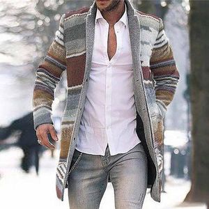 Men's Trench Coats Winter Warm Casual Long Cardigan Jacket Men Fashion Single-breasted Vintage Stripe Plaid Printed Mens Woolen Coat#F3