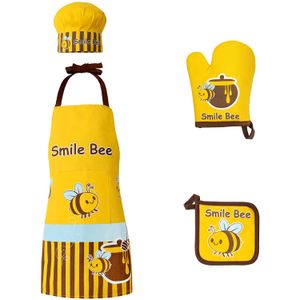 Kids Apron Set for Girl and Boy 4 pcs Includes Apron for Kids Chef Hat Oven Mitt hot pad for Dress Up Chef Costume Career Role Play Smile Bee