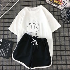 MILINSUS Neue 2020 Sommer Plus Größe Frauen Sets Druck T-Shirts Schwarze Shorts 2 Stück Set Weibliche Casual Trainingsanzüge Cartoon Anzug T200701