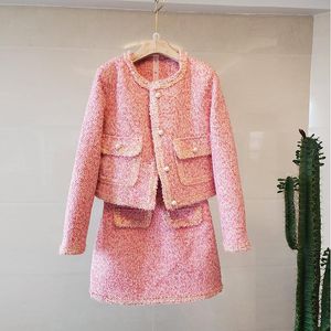 Tute da donna JSXDHK Giacca da donna in tweed invernale rosa da donna Set da 2 pezzi Giacca da donna con bottoni in perla Tasca con nappa O Collo Cappotti + Frange da sci