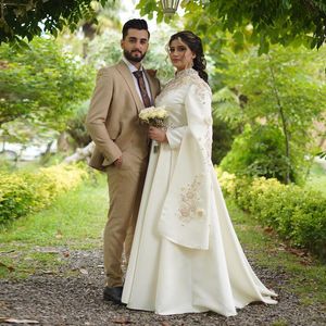 Elegant Islam Traditional Wedding Dresses 3D Flower Muslim Bridal Gown Bead A Line Arabic Dubai Turkey Womens robe mariage