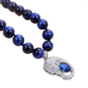 Pendant Necklaces Jewelry 18" Round Natural Blue Tiger Eye Rosary Choker Necklace CZ For WomenPendant