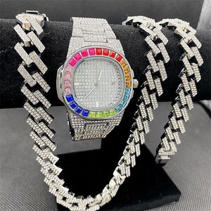 3 pcs mens hip hop jóias conjunto gelado fora relógio colar pulseira bling miamma cubano cadeias mulheres relógios de ouro manreloj hombre w220419 em Promoção