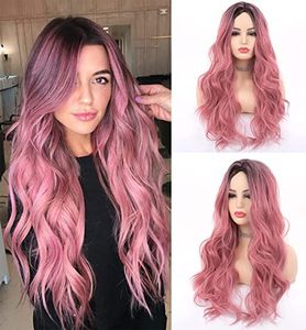 Gradiente Pink Wavy Long Wigs Sintéticos Mulheres Cabelos Cacheados Defusos