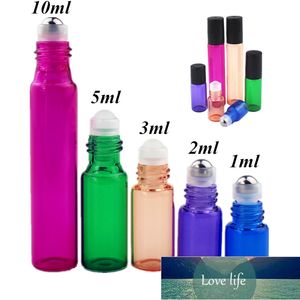 50 adet / grup 1 ml 2 ml 3 ml 5 ml 10 ml renkli parfüm rulo şişe cam ile / metal top rulo doterra uçucu yağ şişeleri ince