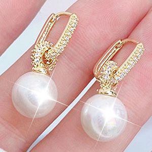 Clip-on & Screw Back Round Shape Romantic Exquisite Zircon Earring For Lady Temperament Shine 14K Real Gold Luxury Pearl Trend PendantClip-o