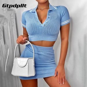 GTPDPLLT partido dois pedaço conjunto verão azul malha colheita de manga curta e mini bodycon fundo casual mulheres roupas sexy