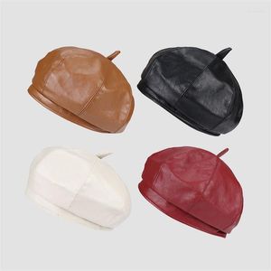 Berets Cool Women Girl Pu Leather Beret French Artist Warm Winter Beanie Hat Vintage Adjustable Octagonal Cap Female Boina Caps Delm22