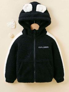 Kleinkind Jungen Brief Stickerei Kontrast Seitennaht 3D Ears Design Mit Kapuze Teddy Jacke sie