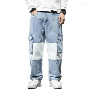 Mode streetwear män löst fit jeans lapptäcke skarvad designer denim last byxor stora fickbredda benbyxor hiphop joggar naom22