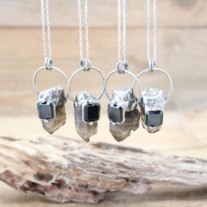 Colares pendentes soldados Solded prata prata crua quartzo smoky ponto pingentes de cristal natural obsidiano cobre boho jóias qc3226penda