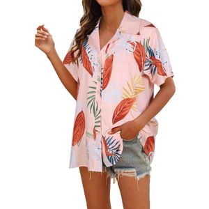 Женские блузкие рубашки летние тропические пальмы на Гавайях для женщин. Свободная отключение вниз по шее с коротким рукавами.