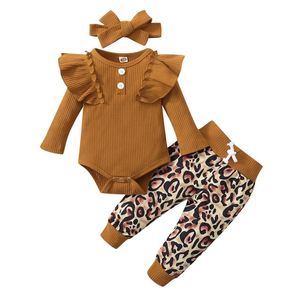 Roupas conjuntos de meninas pequenas meninas de manga comprida Ruffles Bodysuit Roda Menina de leopardo Floral Menina de 3 a 6 meses de roupa