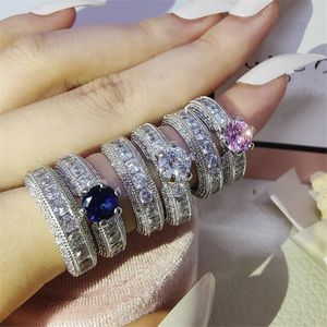 Choucong Fedi nuziali Gioielli vintage Argento sterling 925 Taglio rotondo Topazio bianco Diamante CZ Pietre preziose Eternità Festa Donna Promessa Coppia di sposi Anello Set Regalo