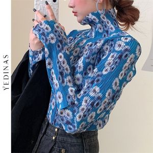 Yedinas Japanischen Stil Rollkragen Blusen Frauen Floral Print Langarm-shirt Chic Plissee Design Damen Elegante Tops Koreanische 220407
