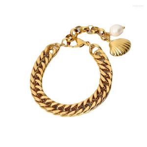 Link Chain Stainless Steel Freshwater Pearl Bracelet Gold-plated 10mm Wide Double Cuban Short And Fat Woman Bracelets On Han Inte22