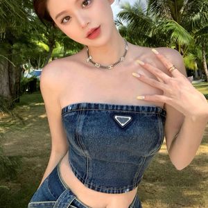 Womens Designers T Shirts Underwear With Metal Triangle Badge Sexy Deep Denim Tube Tops Women Clothing 5466565df