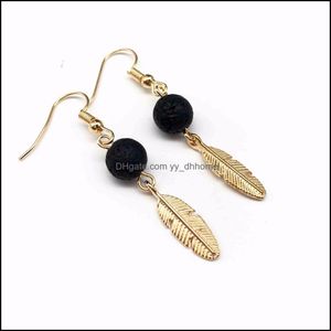 Dangle Chandelier Earrings Jewelry Feather Leaves 8Mm Lava Stone Essential Oil Diffuser Volcanic For Women Aromatherapy Drop Delivery 2021