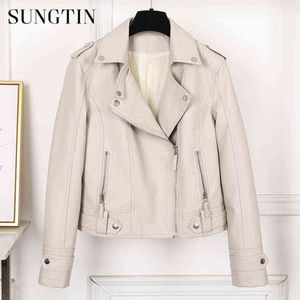 Sungtin Frauen Faux Leder Jacke Beige Beiläufige Dünne Motorrad Biker Leder Mantel Weibliche Punk Streetwear Frühling Herbst Jacken L220728