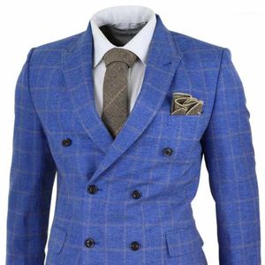 Men Suits And Blazers 2022 Blue Mens Check Three Piece Double Breasted Suit Gatsby Mafia Peaky Blinders Vintage 1920s Costume Homme