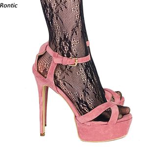 Rontic Anpassa Färg Kvinnor Plattform Sandaler Suede Sexig Stiletto Heels Open Toe Vacker Rosa Fuchsia Klänning Skor US Storlek 5-20