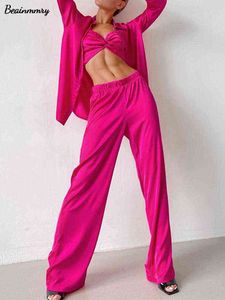 Sexy Solid Satin With Bra Robe Set For Women Female Long Sleeve shirt Home Suit 2022 female Fashion straight pants Pajamas Sets T220729