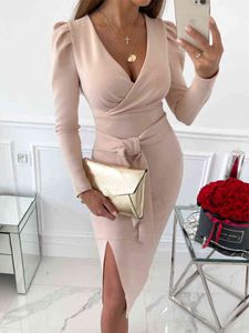 Elegant Party Women Dress Sashes Slim V-Neck Long Sleeve Mid Calf Pencil Dress 2022 Casual Office Lady Solid Black Dresses Y220401