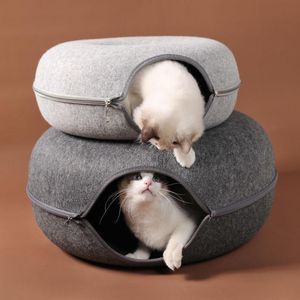 Toys Donut Tunnel Bed Pets Cat House Natural Felt Pet Cave Round Wool för små hundar Interactive Spela Toycat4976964
