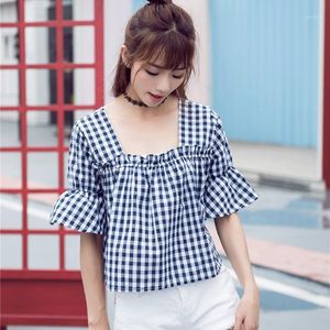 Summer Girls Blouse Korean Cotton Trumpet Sleeve Squre Collar Tops Wild Princess Ruffled Doll Shirt Preppy Style Women's Blouses & Shirts