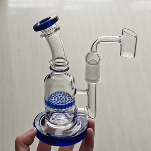 Percolater Glass Bongs Hookah Water Bubbler Smoking Pipe Blue Honeycomb Recycler Bong Dab Rig with 14mm Female glass Tobacco bowl 5.9 inch Cute Thick Pyrex Bent Neck