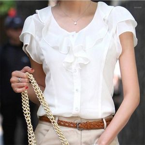 Letnia damska szyfonowa koszula na co dzień z krótkim rękawem marszczony guzik biała czarna bluzka S-5xl bluzka w rozmiarze plus size moda biurowe koszule damskie damskie Blo