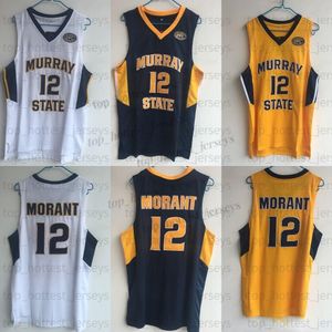 男性12 Ja Morant College Basketball Jersey Murray State Morant Embroidery Murray State Yellow White Navy Jerseysステッチ