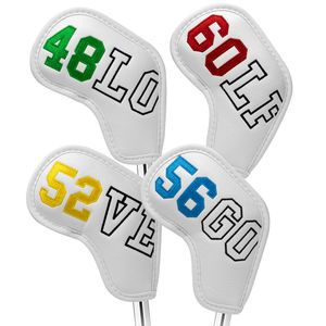 Aliennana 4 Stück Golfschläger-Kopfbedeckung, Keil-Eisen-Schutzhüllen, Love Golf 48, 52, 56, 60, weißes Kunstleder, CX220516