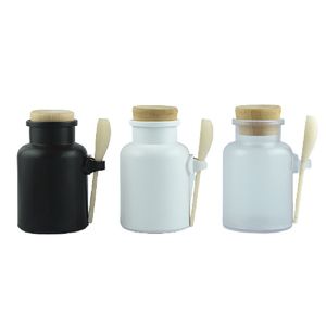 Plastic Bottle Empty ABS Round Bath Salt Refillable Bottle White Frost Brown Mask Powder Box Solid Wood Lid With Spoon Cosmetic Packaging Bottles 100g 200g 300g