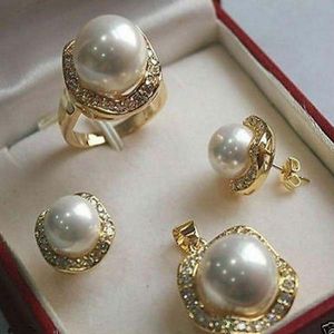 AAA 10mm färg South Sea Shell White Pearl Earring Ring Necklace Pendant Set