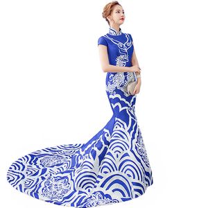 Luxury party dress women Blue and white porcelain color Chinese Traditional clothing Long Cheongsam vestido elegant Qipao