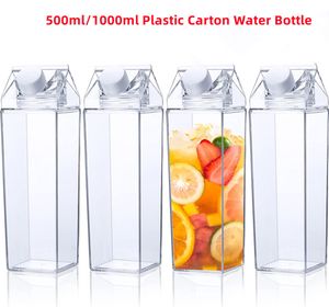 500ml 1000ml Plastic Milk Box Clear Plastic Milk Carton Water Bottle Square Juice Bottles for Outdoor Sports Travel BPA Free