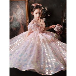 Princess pink Girls Pageant Dresses Illusion Neck Cap Sleeves Crystal Organza Glitz Ritzee princess gowns sequined flower girl dresses For wedding