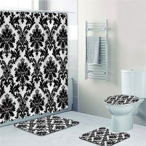 エレガントな黒と白のダマスクパターンバスルームカーテンシャワーカーテンバスルーム用シャワーカーテンセット豪華なバロックフローラルバスマット装飾220809