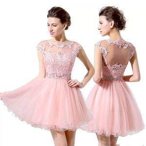 custom pink lace sexy see through short beading cocktail party dresses mini sheer neck illusion crystal prom ball gown plus size for womens club wear