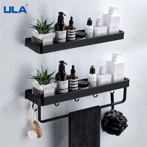 ULA Black Bathroom Shelf 30405060 cm Kitchen Wall Shower Holder Storage Rack Towel Bar Robe Hooks Accessories 220527