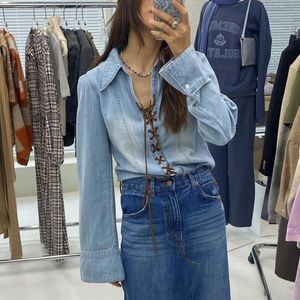 Women's T-Shirt Korean Personality Fashion Lace-up Denim Shirt 2022 Spring And Autumn Blue Casual Slim Long-sleeved WomenWomen's