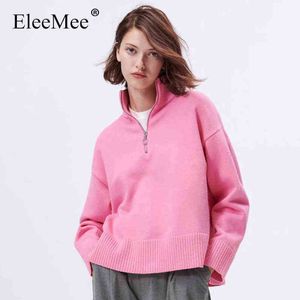 EleeMee Frauen Gestrickte Pullover Halb Zipper Casual Rosa Hoodies 2022 Neue Frühling Pullover Stilvolle Mode Blusen Größe S-L T220726