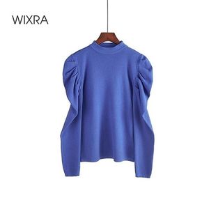 Wixra Women's Solid Sweater New Fashion O-Neck Long Puff Sleeve Autumn Winter Pullovers Tops Femme Knitting Jampers 210204