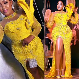 2022 Plus Size Arabic Aso Ebi Yellow Mermaid Luxurious Prom Dresses Beaded Crystals Evening Formal Party Second Reception Birthday Engagement Gowns Dress ZJ188