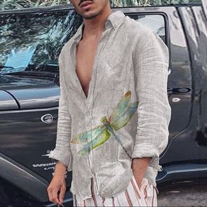 Men's Casual Shirts Feitong Loose Cotton Linen Funny Animal Printed Long-sleeved Solid For Men Camisas 2022