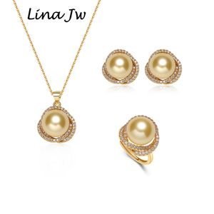 South Sea Shell Pearl Gold Jewelry for Women Set Halsbandörhängen Ring med Zircon Party Birthday Wedding Present 220702