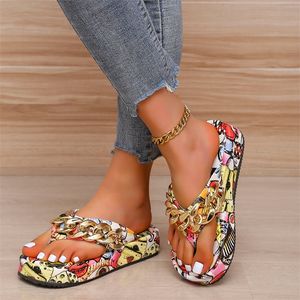 Frauen Sommer Bunte Graffiti est Mode Kette Flip-flops Sandale Hausschuhe Schuhe Frau Flache Plattform Sandalen Plus Größe 43 220506