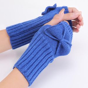 Five Fingers Gloves Korean Solid Color Bow Knit Wool Fingerless Woman Winter Outdoor Riding Half Finger Touch Screen Driving Warm Mittens S5